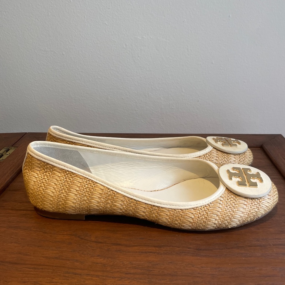 Tory Burch Tan Flats with Gold Logo